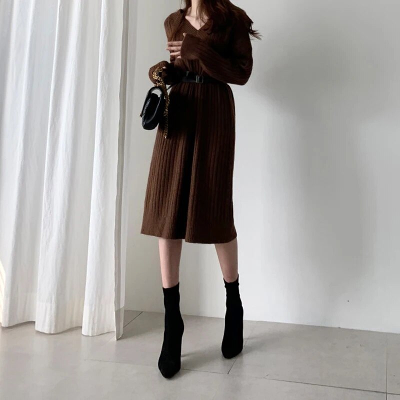 New Autumn Long Sleeve Loose Maxi Oversize Knitted Women Dress Sweater