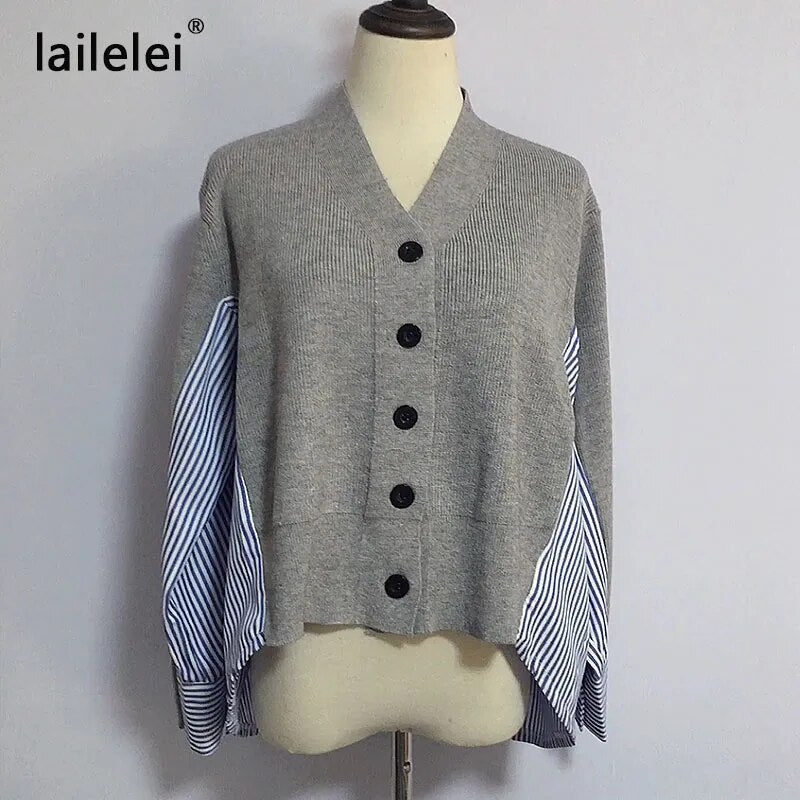Female Patchwork Sweater Button Cardigan Laine Lovely Jumper V Neck Black Grey Sweaters Casual Women Autumn Knitting Stripe Tops