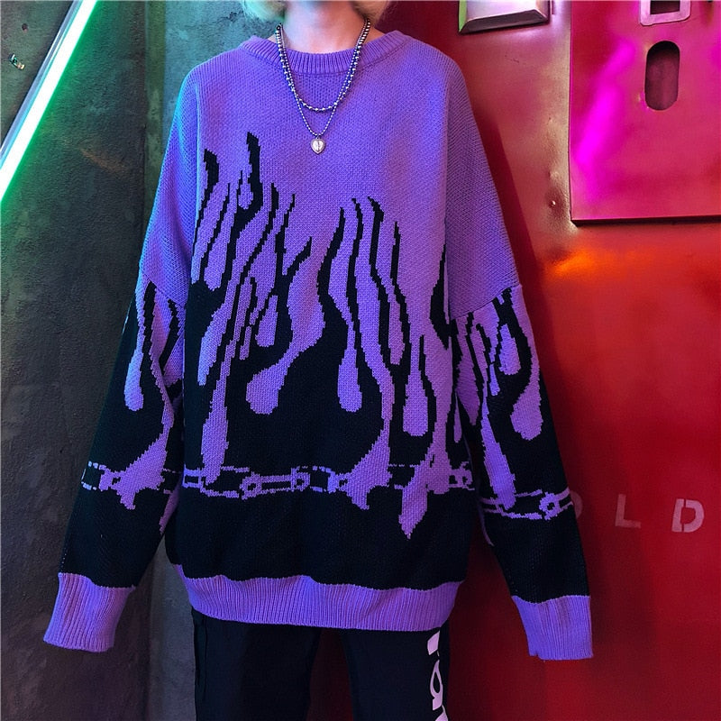 Vintage Flame Sweater Women Kpop Harajuku Knitted Pullover Sweaters for Woman 2020 Winter Warm Oversize Casual Men Female Jumper