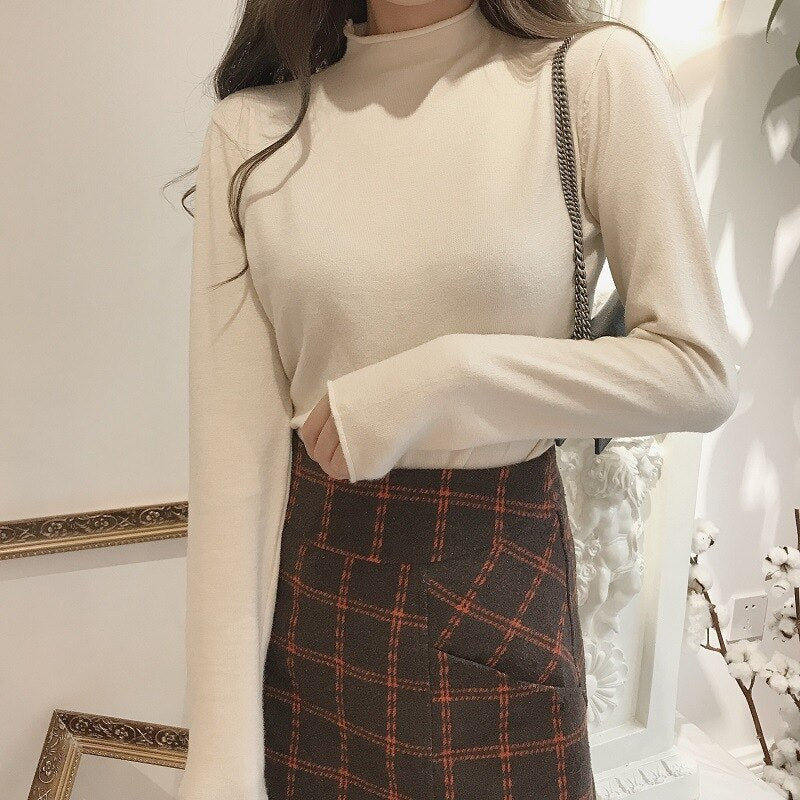 Solid Half Turtleneck Knitted Pullovers Sweaters Women Autumn Winter Primer Shirt Long Sleeve Slim-fit tight Jumper Tops