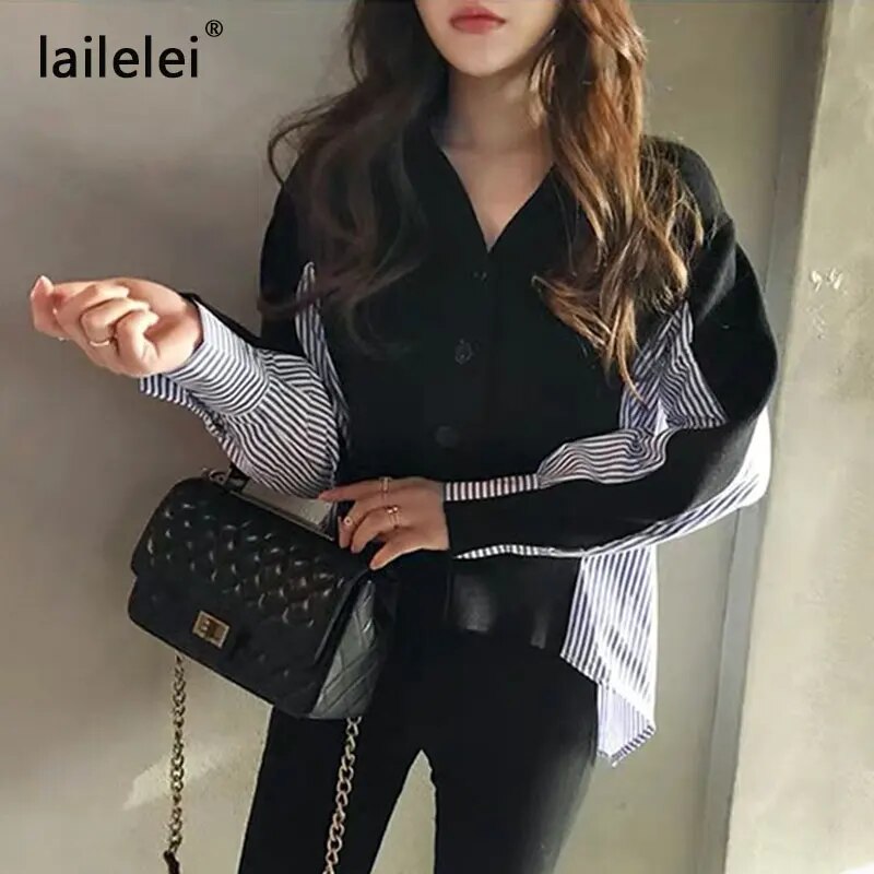 Female Patchwork Sweater Button Cardigan Laine Lovely Jumper V Neck Black Grey Sweaters Casual Women Autumn Knitting Stripe Tops