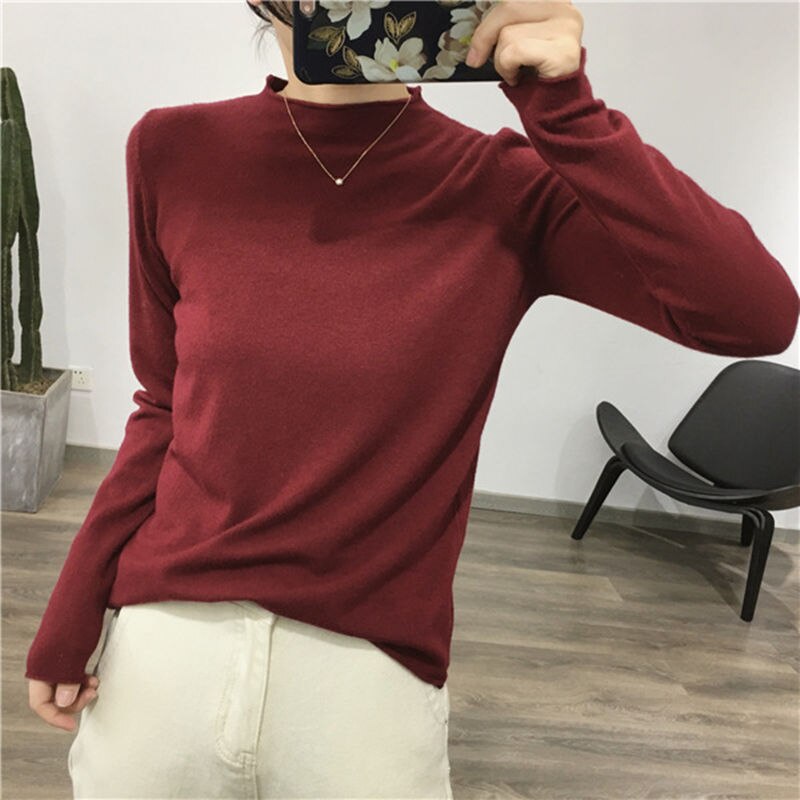 Solid Half Turtleneck Knitted Pullovers Sweaters Women Autumn Winter Primer Shirt Long Sleeve Slim-fit tight Jumper Tops