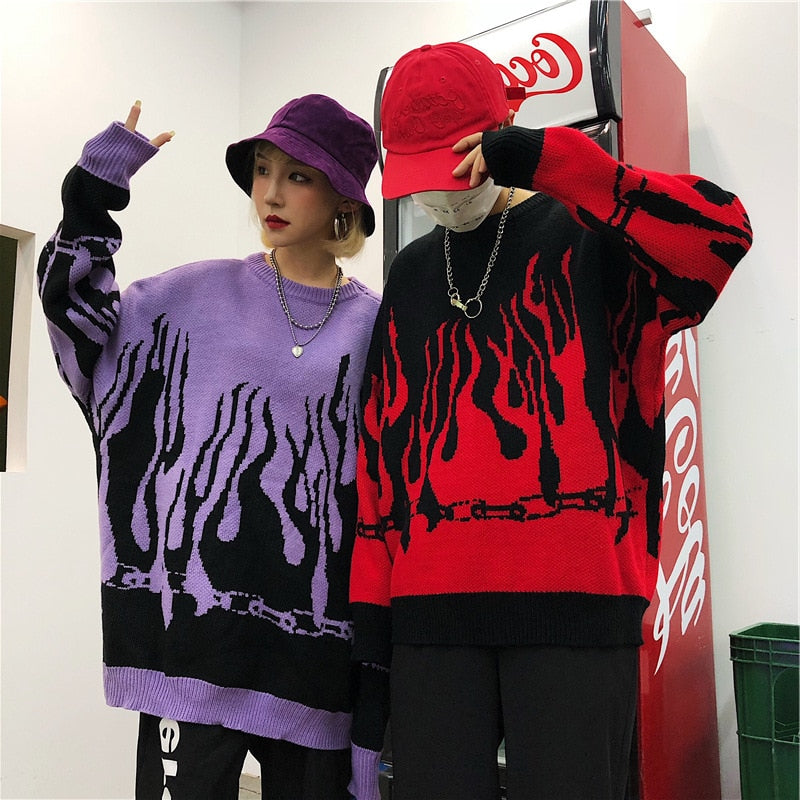Vintage Flame Sweater Women Kpop Harajuku Knitted Pullover Sweaters for Woman 2020 Winter Warm Oversize Casual Men Female Jumper
