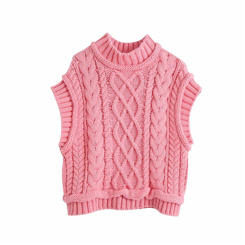 Evfer Women Casual Za Turtleneck Pink Knitted Pullover Vest 2020 Autumn Chic Lady Sleeveless Sweaters Girls Cute Knitted Jumpers