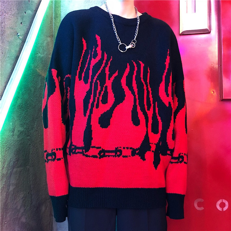 Vintage Flame Sweater Women Kpop Harajuku Knitted Pullover Sweaters for Woman 2020 Winter Warm Oversize Casual Men Female Jumper