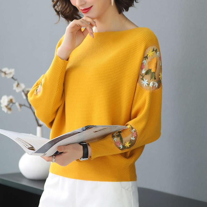 Flower Embroidery Batwing Sleeve O-Neck Spring Sweaters Women Casual Loose Knitted Pullovers Large Size Knitwear Tops Female