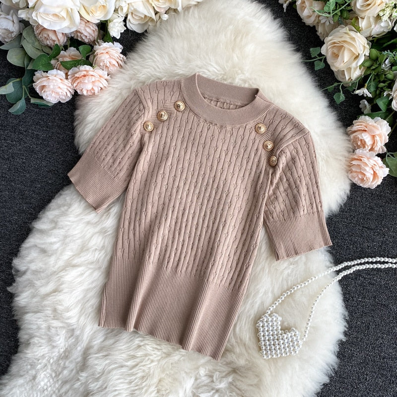 Short Sleeve O-neck High Quality Sweater Shirts With Decorated Buttons Girls Stretchy Crop Tops Sweaters Pullovers For Women