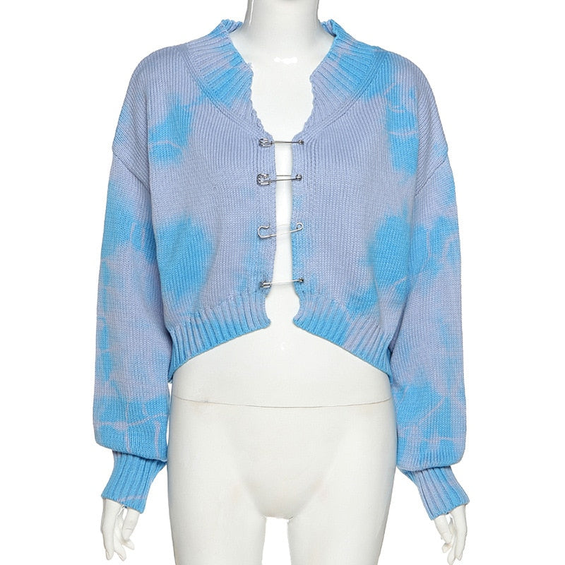 Cryptographic Fall 2022 Girls Green Oversized Cardigan Crop Top Sweater Knitted Cute Long Sleeve Pins Sweaters Tie Dye Cartigans
