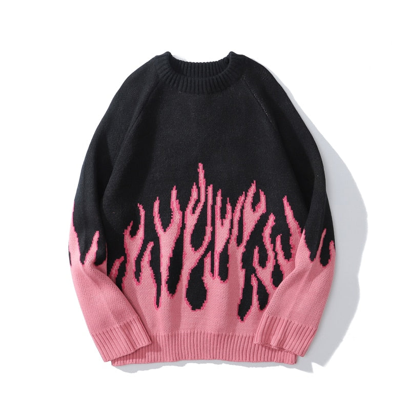 Vintage Flame Sweater Women Kpop Harajuku Knitted Pullover Sweaters for Woman 2020 Winter Warm Oversize Casual Men Female Jumper