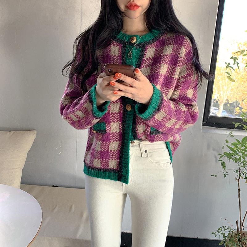 Plaid Knit Cardigan Women's Sweater Jacket