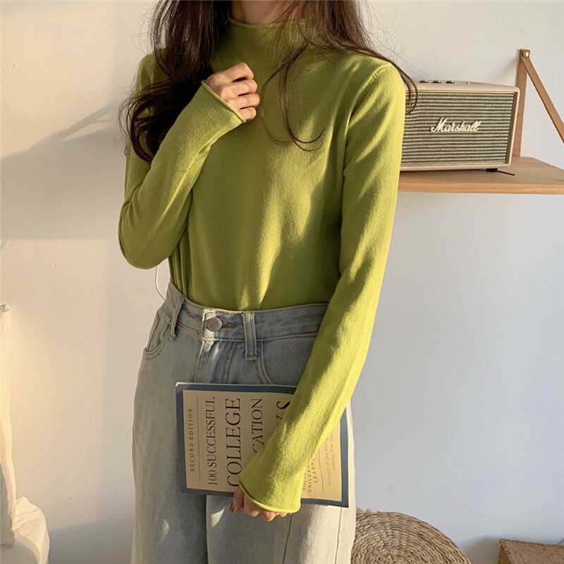 Solid Half Turtleneck Knitted Pullovers Sweaters Women Autumn Winter Primer Shirt Long Sleeve Slim-fit tight Jumper Tops