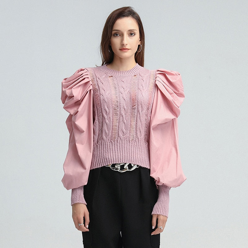 TWOTWINSTYLE Hole Patchwork Sweater For Women O Neck Puff Sleeve Casual Pink Sweaters Female 2022 Spring Fashion New Clothing