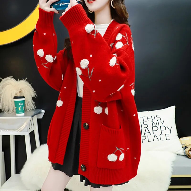 Cherry Fruit Embroidered Cardigan Loose Fit V-Neck Oversize Woman's Sweater