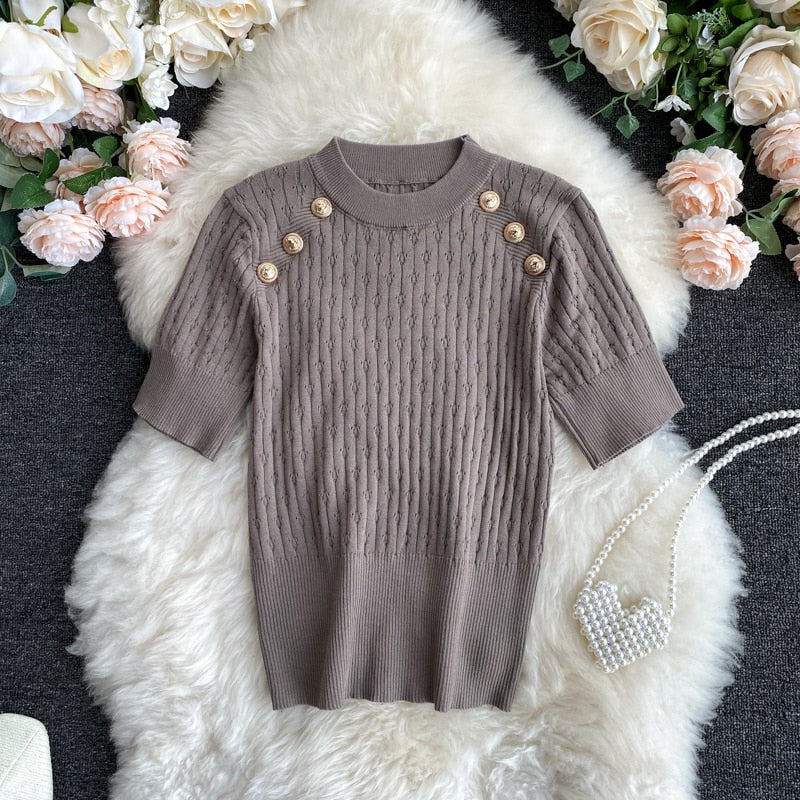 Short Sleeve O-neck High Quality Sweater Shirts With Decorated Buttons Girls Stretchy Crop Tops Sweaters Pullovers For Women