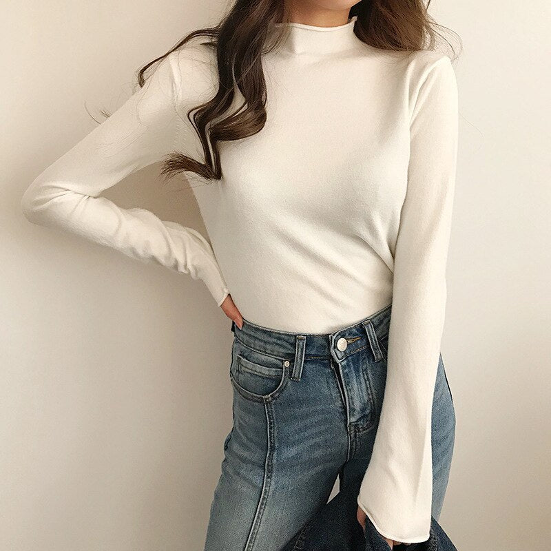 Solid Half Turtleneck Knitted Pullovers Sweaters Women Autumn Winter Primer Shirt Long Sleeve Slim-fit tight Jumper Tops