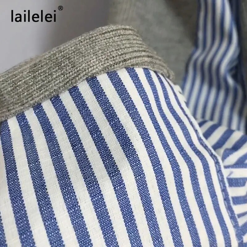 Female Patchwork Sweater Button Cardigan Laine Lovely Jumper V Neck Black Grey Sweaters Casual Women Autumn Knitting Stripe Tops