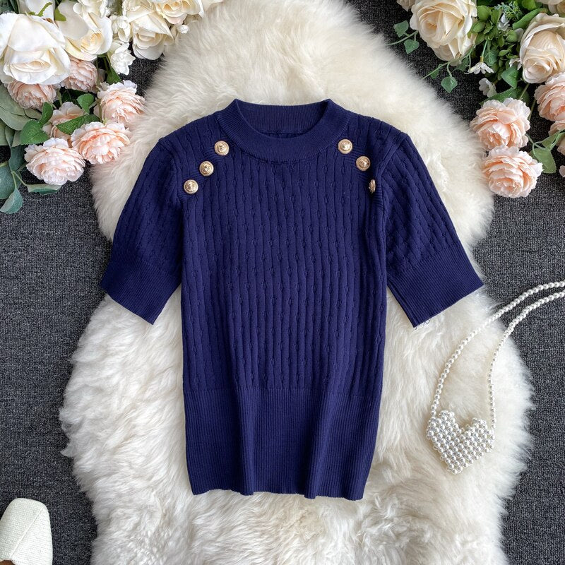Short Sleeve O-neck High Quality Sweater Shirts With Decorated Buttons Girls Stretchy Crop Tops Sweaters Pullovers For Women