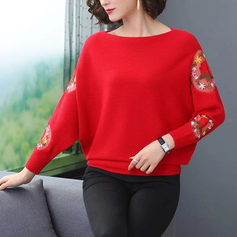 Flower Embroidery Batwing Sleeve O-Neck Spring Sweaters Women Casual Loose Knitted Pullovers Large Size Knitwear Tops Female