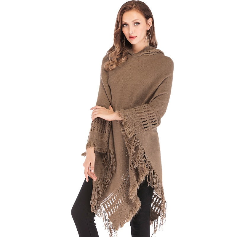 Women's Hooded Tassel Pullover Poncho And Cape Sweater