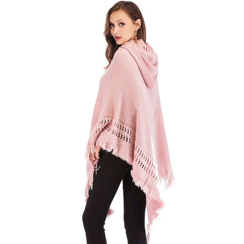 Women's Hooded Tassel Pullover Poncho And Cape Sweater
