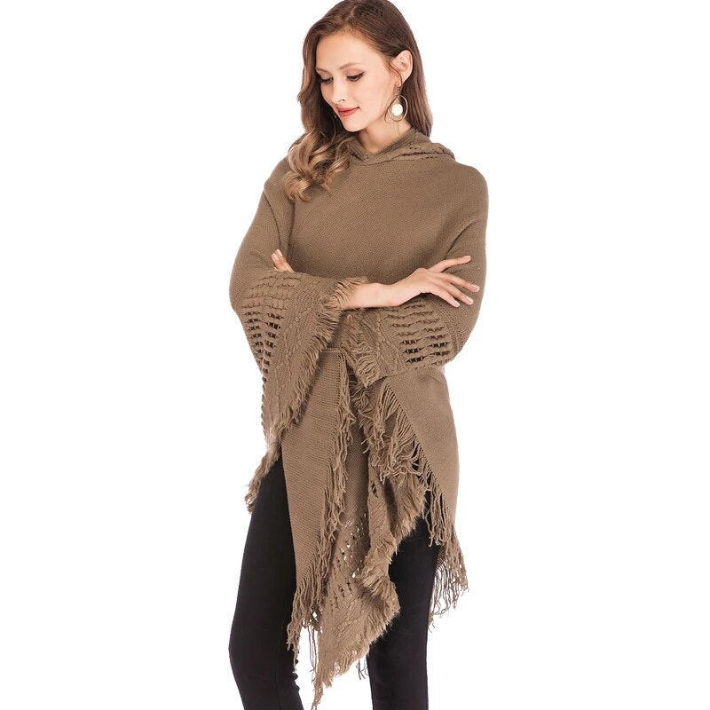 FLORATA Casual Women Sweater Hooded Poncho And Cape Knitted Sweaters Tassel Pullover Solid Sweater Female Poncho And Capes Coat
