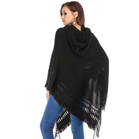 Women's Hooded Tassel Pullover Poncho And Cape Sweater
