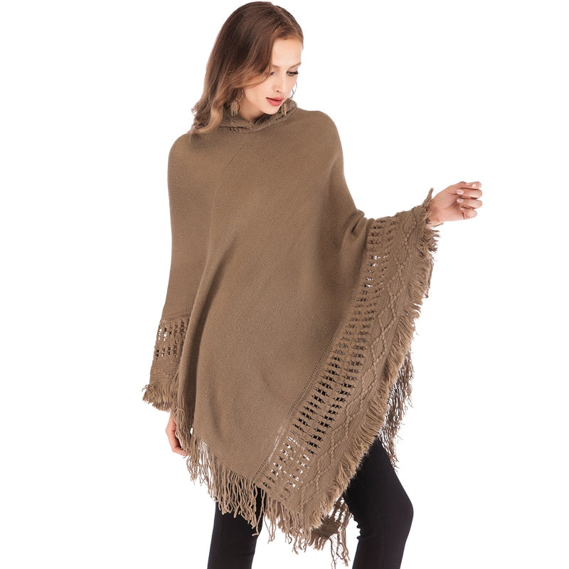 Women's Hooded Tassel Pullover Poncho And Cape Sweater