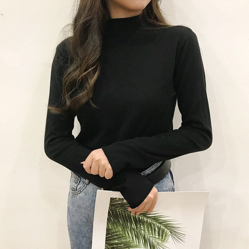 Solid Half Turtleneck Knitted Pullovers Sweaters Women Autumn Winter Primer Shirt Long Sleeve Slim-fit tight Jumper Tops