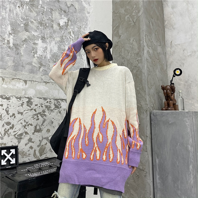 Vintage Flame Sweater Women Kpop Harajuku Knitted Pullover Sweaters for Woman 2020 Winter Warm Oversize Casual Men Female Jumper