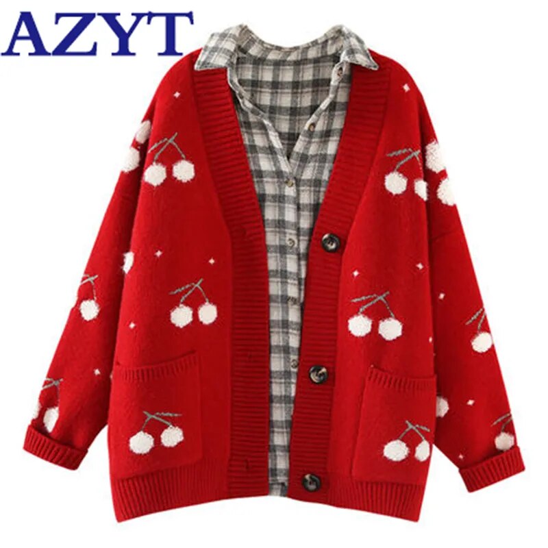Cherry Fruit Embroidered Cardigan Loose Fit V-Neck Oversize Woman's Sweater
