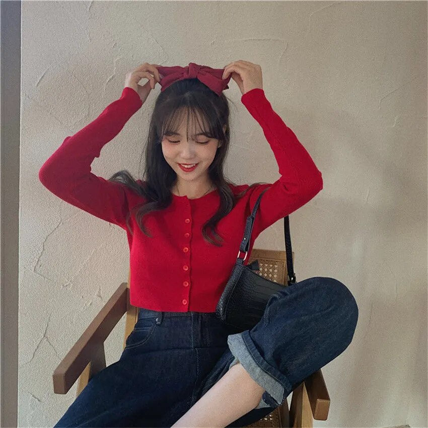 Korean Style O-neck Short Knitted Sweaters Women Thin Cardigan Fashion Sleeve Sun Protection Crop Top Ropa Mujer