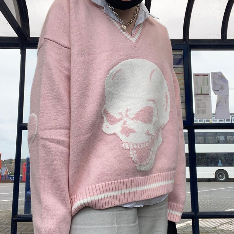 Darlingaga Harajuku Skull Print Y2K Loose Autumn Winter Sweater Women Pullovers Casual Knitwear Jumpers 2020 Korean Sweaters New