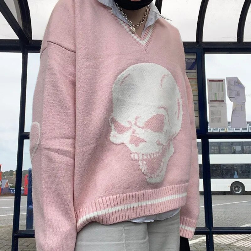 Darlingaga Harajuku Skull Print Y2K Loose Autumn Winter Sweater Women Pullovers Casual Knitwear Jumpers 2020 Korean Sweaters New