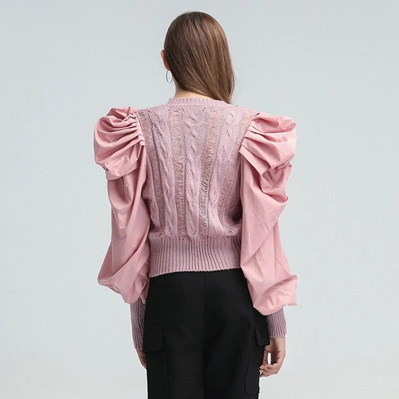 TWOTWINSTYLE Hole Patchwork Sweater For Women O Neck Puff Sleeve Casual Pink Sweaters Female 2022 Spring Fashion New Clothing