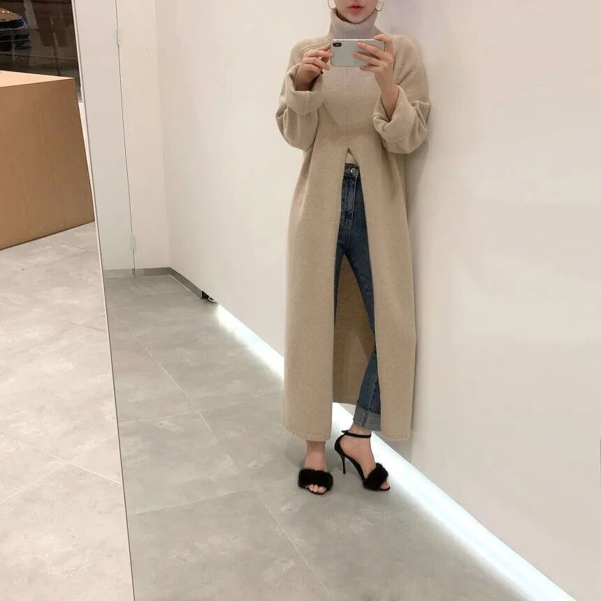 Women Designer Turtleneck Split Sweater Dress Ladies Long Sleeve Solid Straight Loose Knitted Maxi Dresses Winter vestido