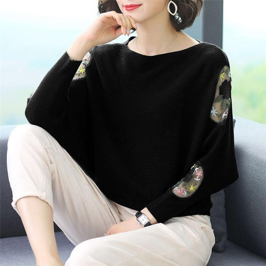 Flower Embroidery Batwing Sleeve O-Neck Spring Sweaters Women Casual Loose Knitted Pullovers Large Size Knitwear Tops Female