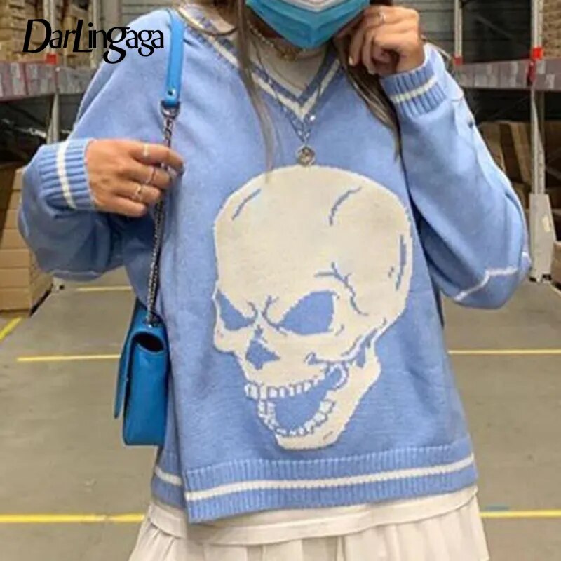 Darlingaga Harajuku Skull Print Y2K Loose Autumn Winter Sweater Women Pullovers Casual Knitwear Jumpers 2020 Korean Sweaters New