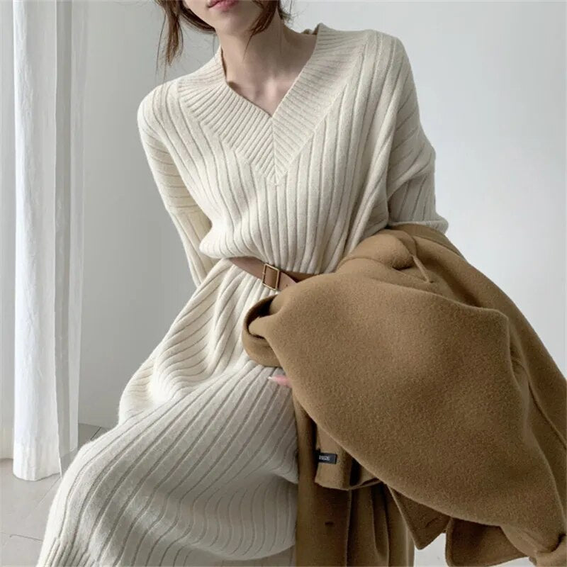New Autumn Long Sleeve Loose Maxi Oversize Knitted Women Dress Sweater