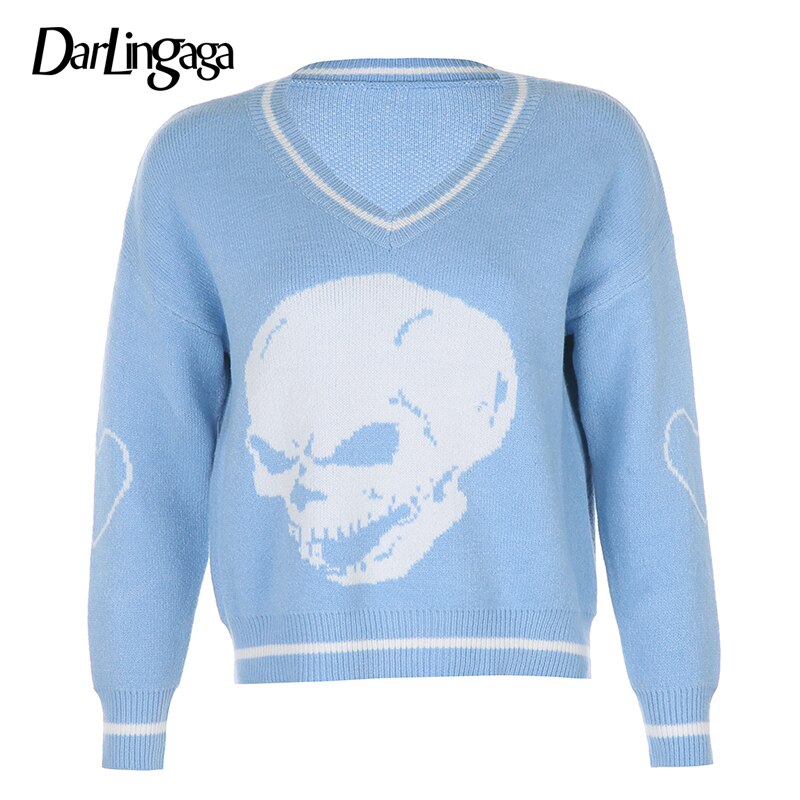 Darlingaga Harajuku Skull Print Y2K Loose Autumn Winter Sweater Women Pullovers Casual Knitwear Jumpers 2020 Korean Sweaters New