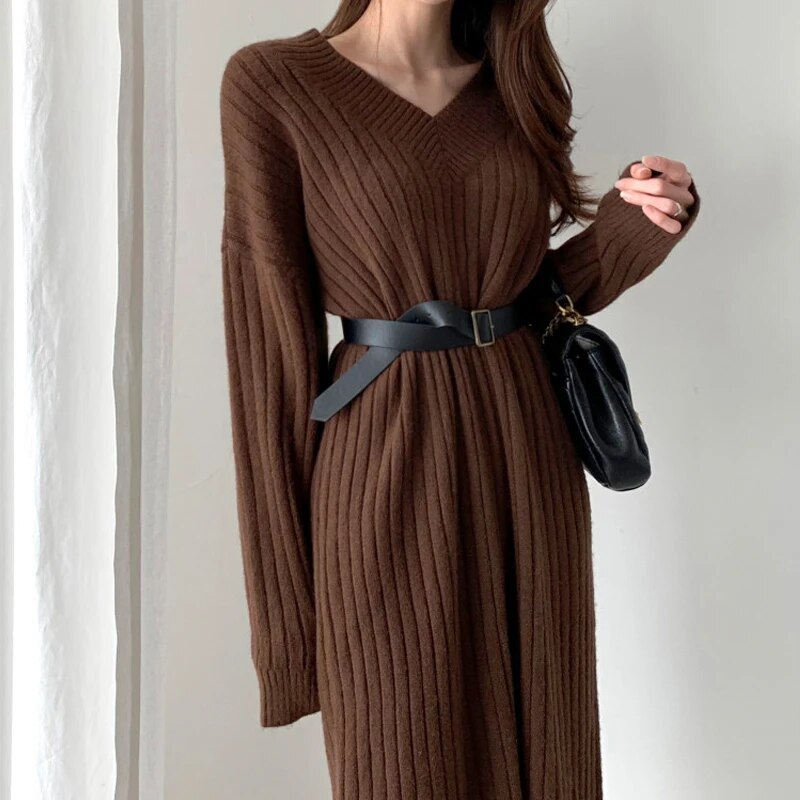 New Autumn Long Sleeve Loose Maxi Oversize Knitted Women Dress Sweater
