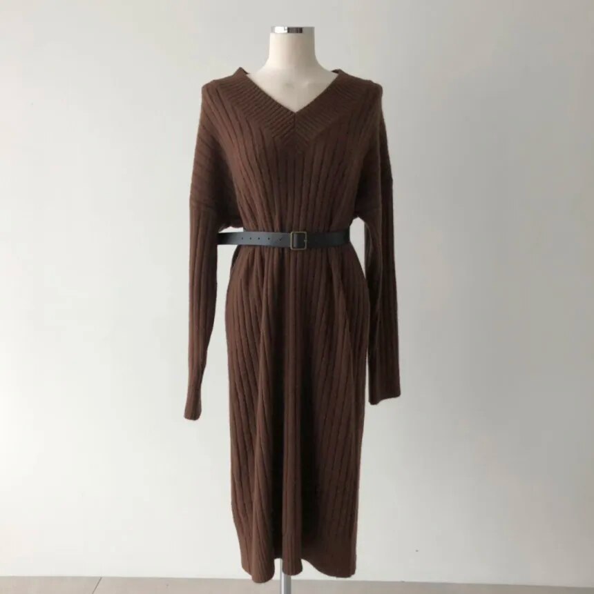 New Autumn Long Sleeve Loose Maxi Oversize Knitted Women Dress Sweater