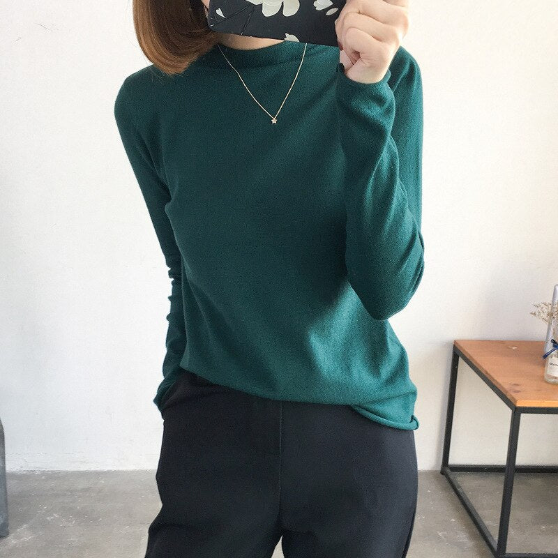 Solid Half Turtleneck Knitted Pullovers Sweaters Women Autumn Winter Primer Shirt Long Sleeve Slim-fit tight Jumper Tops