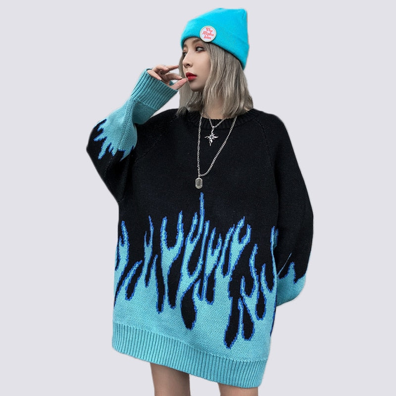 Vintage Flame Sweater Women Kpop Harajuku Knitted Pullover Sweaters for Woman 2020 Winter Warm Oversize Casual Men Female Jumper