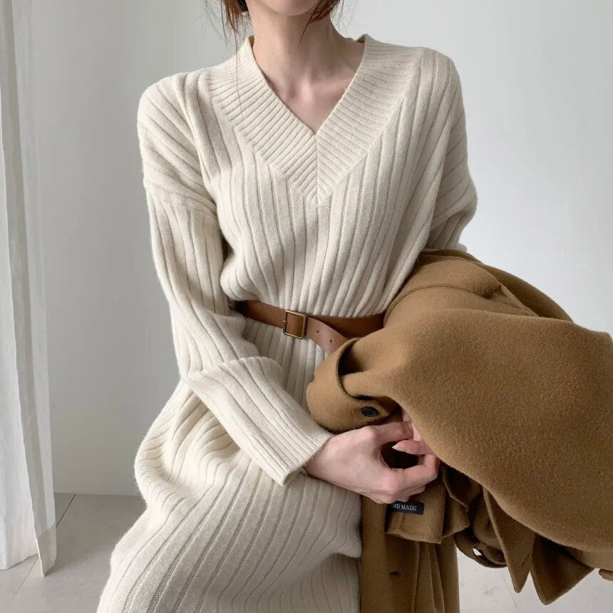 New Autumn Long Sleeve Loose Maxi Oversize Knitted Women Dress Sweater