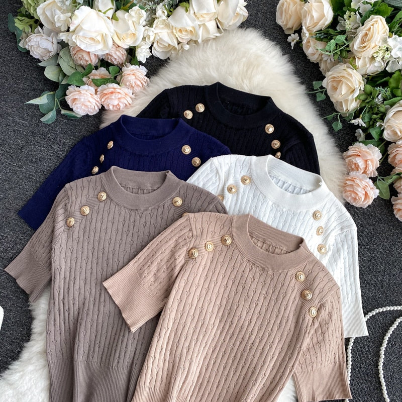 Short Sleeve O-neck High Quality Sweater Shirts With Decorated Buttons Girls Stretchy Crop Tops Sweaters Pullovers For Women