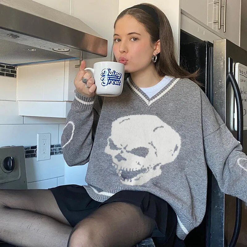 Darlingaga Harajuku Skull Print Y2K Loose Autumn Winter Sweater Women Pullovers Casual Knitwear Jumpers 2020 Korean Sweaters New