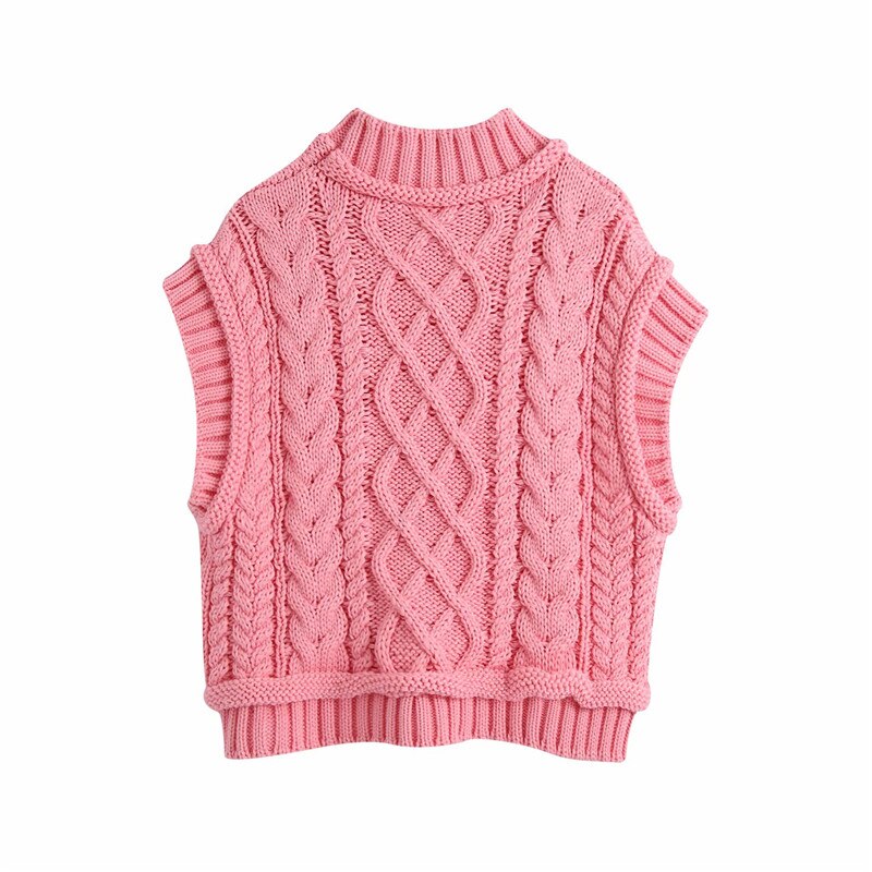Evfer Women Casual Za Turtleneck Pink Knitted Pullover Vest 2020 Autumn Chic Lady Sleeveless Sweaters Girls Cute Knitted Jumpers