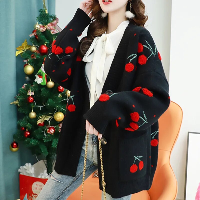 Cherry Fruit Embroidered Cardigan Loose Fit V-Neck Oversize Woman's Sweater