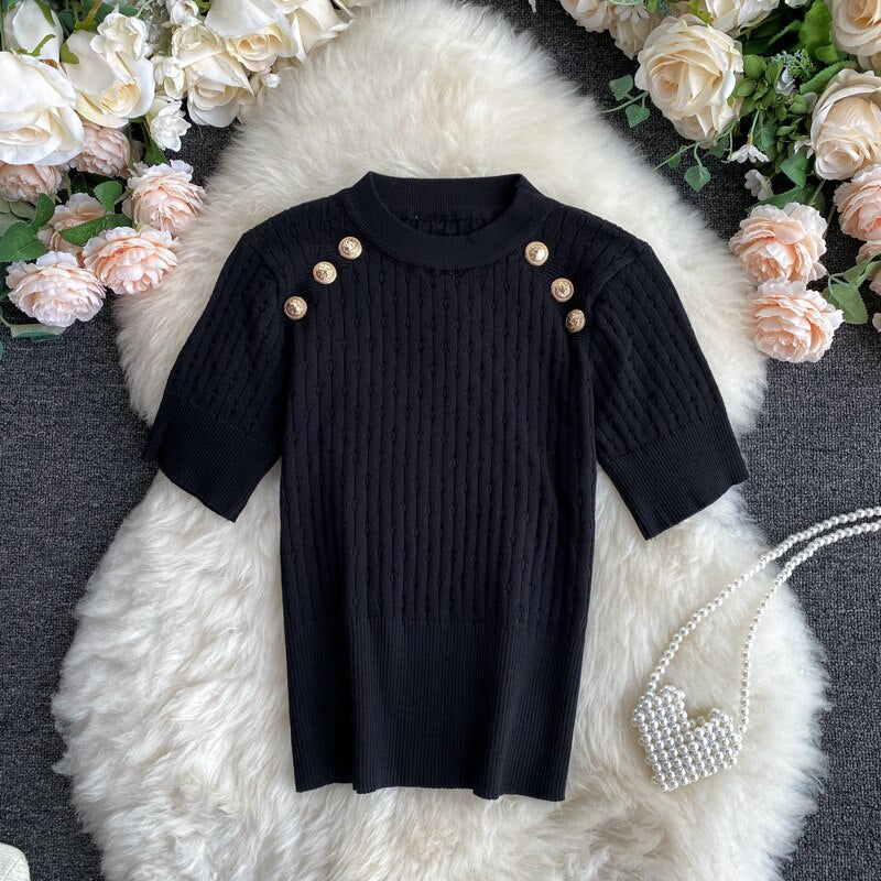 Short Sleeve O-neck High Quality Sweater Shirts With Decorated Buttons Girls Stretchy Crop Tops Sweaters Pullovers For Women