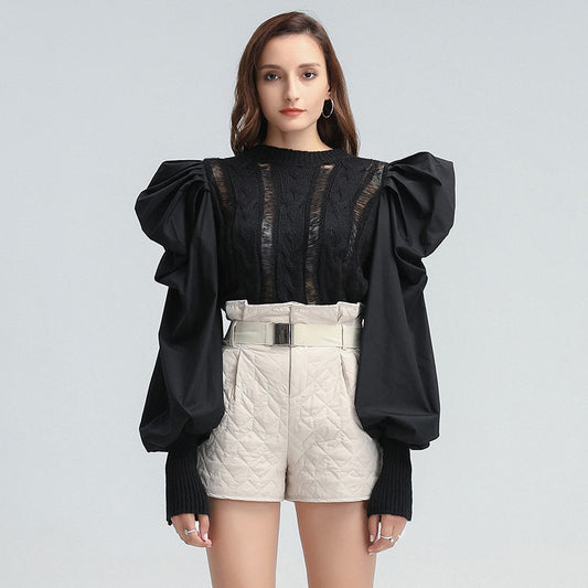 TWOTWINSTYLE Hole Patchwork Sweater For Women O Neck Puff Sleeve Casual Pink Sweaters Female 2022 Spring Fashion New Clothing